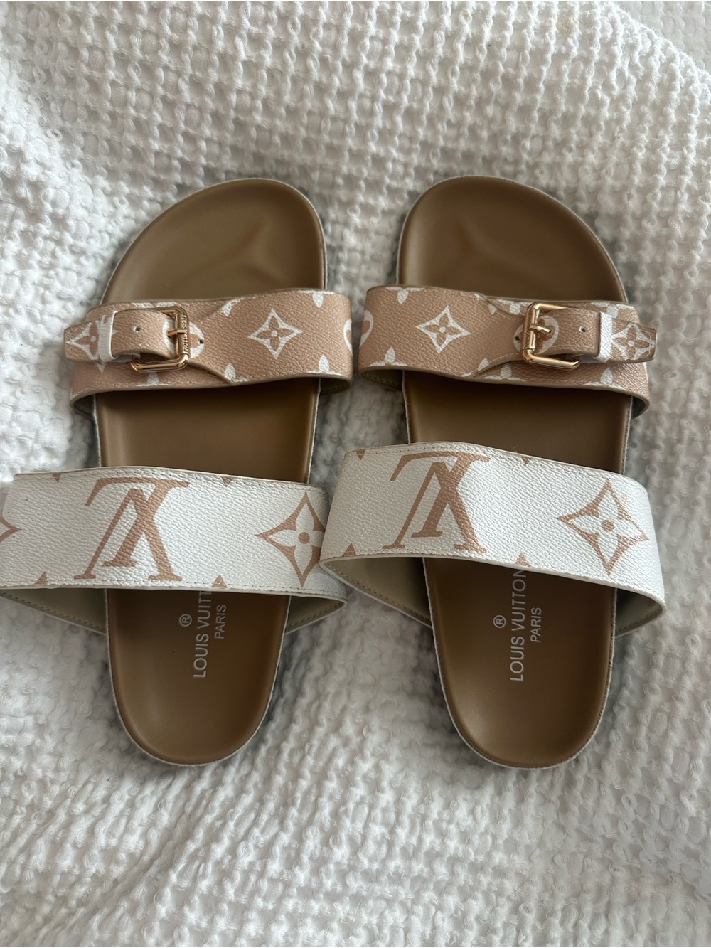 Louis Vuitton Two-Tone Monogram Slide Sandals in Tan and White